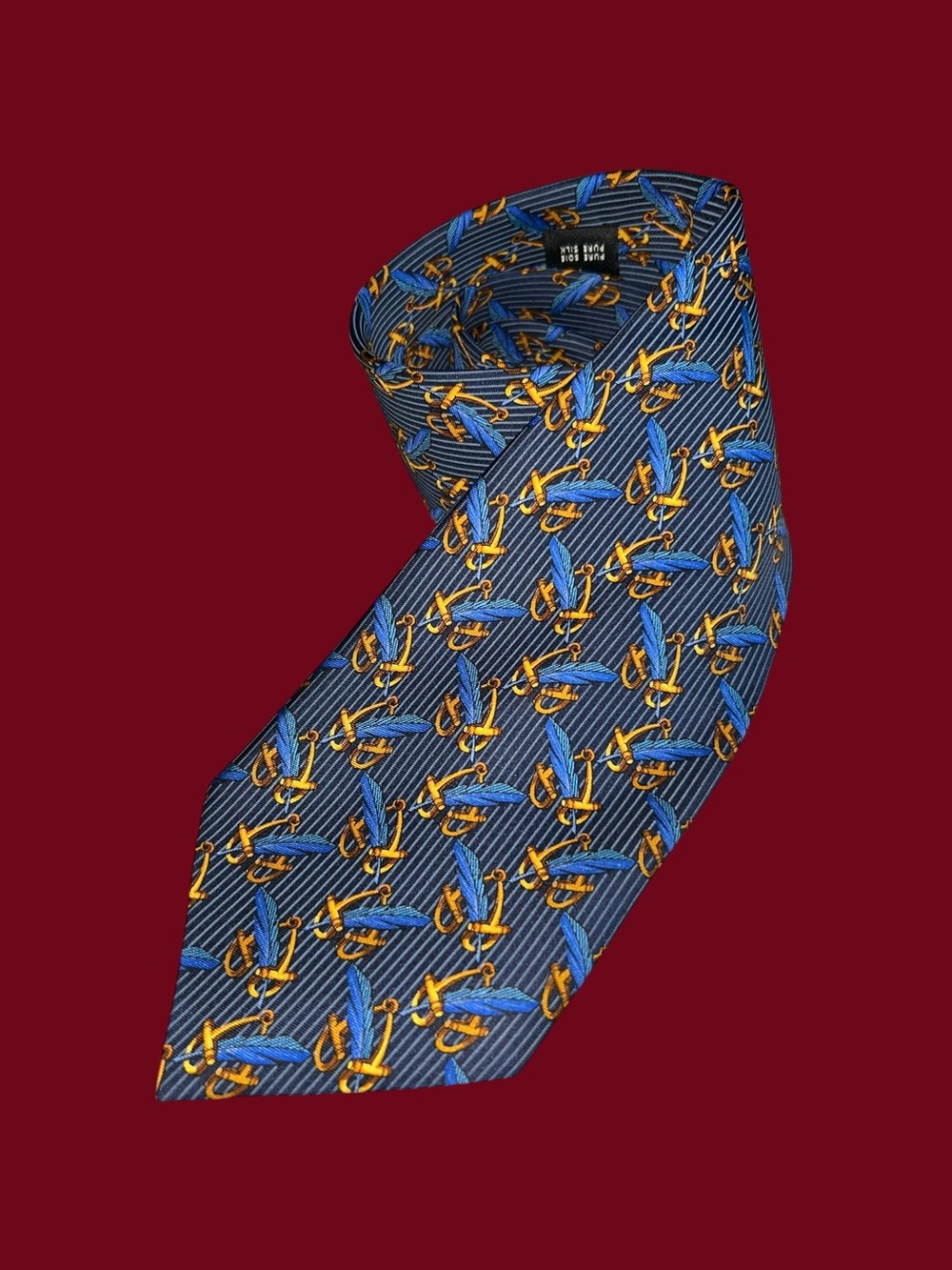 Celine Paris Navy Blue Silk Tie Feather Horsebit Detail Made in Spain